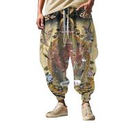 Japanese Style Trousers for Men UK, Harem Trousers Pattern Fun Print Trouser Casual Hippie Harem Joggers Trouser Hip Hop Drop Crotch Cuffed Pants Streetwear Wide Leg Breathable Jogging Bottom Yellow