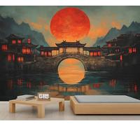 Japanese Style Wall Mural, Classical Architecture 3D Wallpaper, Red Sun Mural for Living Room Bedroom TV Background Hotel Bar Decor - 280 * 200cm