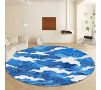 Japanese Style Wave Pattern Round Area Rug Diameter 100 cm, Blue Print Soft Non Slip Rugs - Washable Short Pile Carpet Non Shedding Indoor Carpet for Living Room Bedroom Decor