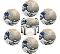 Japanese Style Waves 6Pack Ceramic Drink Coasters,Quick-Absorb Stone Coasters with Anti-Slip Cork Backing & Metal Holder, Table Protectors for Kitchen Bar