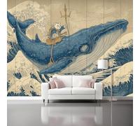 Japanese Style Whales Cats Waves Wall Mural Wallpaper, Non Self Adhesive Paste The Wall Mural for Living Room Bedroom, Colorful High Definition Art Wall Decor - 400 x 280 cm (W x H)