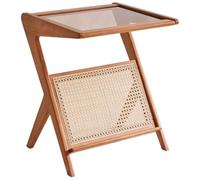 Japanese Style Z-shaped Side Table, Living Room Art Glass Sofa Table, Rattan Weaving, Easy To Assemble