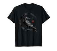 Japanese Sumi-e Black Raven Flying Crow with Cherry Blossom T-Shirt