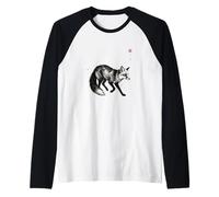 Japanese Sumi-e Collection Ink Wash Wildlife Art Ezo Red Fox Raglan Baseball Tee