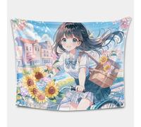 Japanese Sunflower Girl Cycling 3D Printed Flannel Blanket, Fresh Anime Style Throw for Sofa Bed, All Season Use (05,40 * 55in)