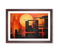 Japanese Sunset Constructivism Framed Print | A2 Walnut Framed Wall Art | Ready to Hang | Asian Landscape Picture | Living Room Bedroom Lounge Office