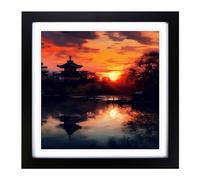 Japanese Sunset Impressionism No.3 Framed Print | 18x18 Inch Black Framed Wall Art | Ready to Hang | Impressionist Landscape Picture | Living Room Bedroom Lounge Office
