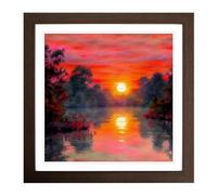 Japanese Sunset Impressionism No.6 Framed Print | 18x18 Inch Walnut Framed Wall Art | Ready to Hang | Impressionist Landscape Picture | Living Room Bedroom Lounge Office