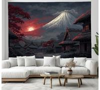 Japanese Sunset Mount Fuji Tapestry, Traditional Architecture Wall Hanging, Aesthetic Bohemian Tapestries Wall Art Home Decor For Bedroom, Yoga, Meditation Dorm, Living Room, 150X100Cm, Red Black