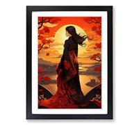 Japanese Sunset Nouveau Framed Print | A2 Black Framed Wall Art | Ready to Hang | Asian Landscape Picture | Living Room Bedroom Lounge Office