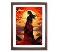 Japanese Sunset Nouveau Framed Print | A2 Walnut Framed Wall Art | Ready to Hang | Asian Landscape Picture | Living Room Bedroom Lounge Office