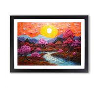 Japanese Sunset Palette Knife Framed Print | A2 Black Framed Wall Art | Ready to Hang | Asian Landscape Picture | Living Room Bedroom Lounge Office