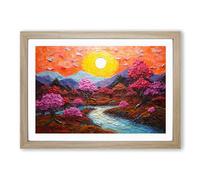 Japanese Sunset Palette Knife Framed Print | A2 Oak Framed Wall Art | Ready to Hang | Asian Landscape Picture | Living Room Bedroom Lounge Office
