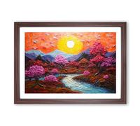Japanese Sunset Palette Knife Framed Print | A2 Walnut Framed Wall Art | Ready to Hang | Asian Landscape Picture | Living Room Bedroom Lounge Office