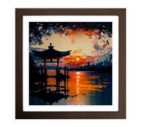 Japanese Sunset Palette Knife Painting Framed Print | 18x18 Inch Walnut Framed Wall Art | Ready to Hang | Asian Landscape Picture | Living Room Bedroom Lounge Office
