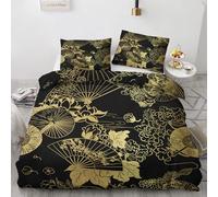 Japanese Super King Duvet Cover - Black Gold Bedding Set - Reversible Quilt Cover & 2 Pillowcases with Zipper and Ties, Ultra Soft and Non Iron Brushed Microfibre Bed Set 260 x 220 H-8&-113