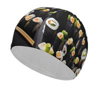 Japanese Sushi Black Bathing Cap High Elasticity Swimming Caps Fit Both Long Hair Short Hair Comfortable Large Shower Cap for Drag Reduction and Hair Protection