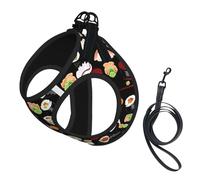 Japanese Sushi Black Print Adjustable Harness Leash Set For Cats And Dogs, Soft Breathable Kitten Puppy Mesh Vest With Reflective Design, Escape-Proof Lead For Small Pets Walking Training