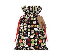 Japanese Sushi Black Print Christmas Drawstring Gift Bag, Burlap Favor Pouch For Birthday And Holiday Celebrations-S Size