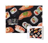 Japanese Sushi Black Printed 500 Pieces Jigsaw Puzzle with Storage Box, Wooden Puzzle for Adults and Kids, Family Fun Decorative Game, 52x38 CM