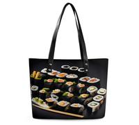 Japanese Sushi Black Tote Bag Large Soft Leather Purse with Zipper Lightweight Ladies Shoulder Handbag