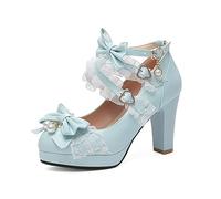 Japanese Sweet Lolita Platform Mary JaneHigh Heel Women Lolita Cosplay Shoes Cross Strap Block Heel Mary Jane Lace Pumps Blue