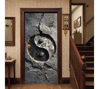 Japanese Tai Chi Interior Door Covers 95x210 cm, Easy Install Rustic Stone Door Stickers, Anti-Scratch Minimalist Circle Doors Mural for Bedroom Wardrobe Fridge Wrap