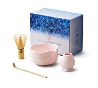 Japanese Tea Ceremony Essentials Kit - Chawan Bowl, Whisk Holder, Scoop & Brush - Authentic 4-Piece Bamboo/Ceramic Matcha Preparation Set matcha whisk set (Sakura Whisper)