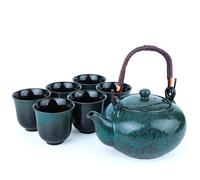 Japanese Tea Set, Japanese Style Porcelain Tea Sets for Adult, 1 Ceramic Tea Pot with Bamboo Grip & 1 Stainless Steel Tea Infuser & 6 Tea Cups (760ml)