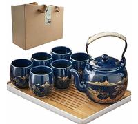 Japanese Tea Set of 6, 40oz Blue Porcelain Teapot and 6 Cups, Gold Hand-Painted Teaware with Stainless Steel Infuser and Tray, Traditional Style Gift for Tea Lovers, Mother's Day, Birthday