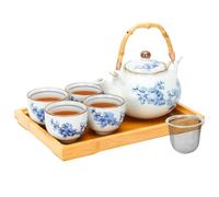 Japanese Tea Set Porcelain Tea Set with Teapot and Tea Cup Set for 4, Blue and White Tea Sets for Adults with Stainless Infuser and Bamboo Tray, Asian Tea Set for Tea Lovers/Women/Men (Plum & Bamboo)