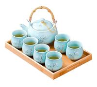 Japanese Tea Set, White Porcelain tea set with 1 Teapot set, 6 Tea cups, 1 Tea Tray, 1 Stainless Infuser, Plum blossom embossed,Chinese gungFu tea set (Golden plum-Blue)