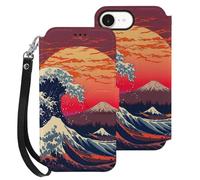 Japanese The Great Wave Compatible with iPhone 16 E Wallet Phone Case Mobile Phone Cover with Card Holder