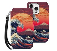 Japanese The Great Wave Compatible with iPhone 16 Pro Wallet Phone Case Mobile Phone Cover with Card Holder