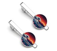 Japanese The Great Wave Fuji Mount Men's Tie Clips Necktie Bar Pinch Clip Set of 2 Formal Business Wedding Accessories