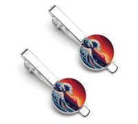 Japanese The Great Wave Fuji Mount Men's Tie Clips Necktie Bar Pinch Clip Set of 2 Formal Business Wedding Accessories