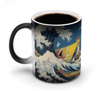 Japanese The Great Wave Off Kanagawa Heat Sensitive Color Changing Coffee Mugs 11 Oz Large Ceramic Cup with Handle Personalized Magic Cups Temperature Changing Mug Novelty for Xmas Funny Gifts