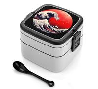 Japanese The Great Wave Sun Bento Box Stackable Double Layer Lunch Box with Spoon Leak-Proof for Office Picnic Camping