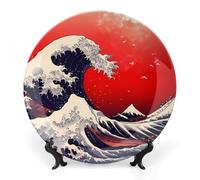 Japanese The Great Wave Sun Bone China Decorative Plate Ceramic Wall Dinner Plates with Display Stand for Home Kitchen Decor 7inch