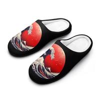 Japanese The Great Wave Sun Cotton Slipper Anti-Skid Comfortable Cozy Plush Slippers Indoor House Closed Toe Shoes 9-10(40-41)