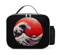 Japanese The Great Wave Sun Leather Lunch Bag Insulated Lunchbox Meal Tote Handbags with Detachable Buckled Handle