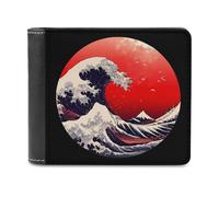 Japanese The Great Wave Sun Men's Leather Wallet Casual Slim Bifold Wallet Minimalist Credit Card Holder with Money Clip