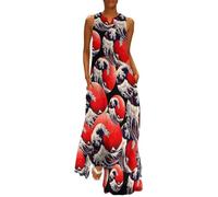 Japanese The Great Wave Sun Womens Maxi Dresses Boho Floral Sleeveless Ankle Length Flowy Long Dress with Pockets L
