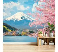 Japanese Theme Wall Mural Wallpaper 400x280 cm - Sky Mountain Cherry Blossoms Lake Pattern Poster Non-Woven Art Photo Wallpaper, Blue 3D Effect Wall Mural Covering for Living Room Bedroom Office Decor