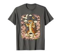 Japanese Tiger Sakura Cherry Blossom Art Floral Crane Tiger T-Shirt