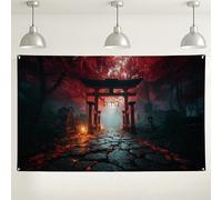 Japanese Torii Gate Backdrop, Autumn Landscape Dark Aesthetic Wall Art, Mystical Forest Background for Photography, Fall Decor for Home and Events 71x43 Inch