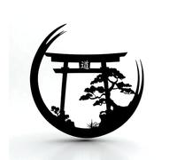 Japanese Torii Gate & Bonsai Metal Wall Art - Zen-Inspired Round Sculpture for Living Room, Meditation Corner or Entryway - Black Minimalist Laser-Cut Design for Indoor or Outdoor Use - 40cm (15.7")
