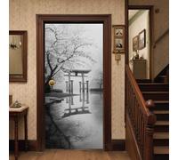 Japanese Torii Self Adhesive Door Mural, 3D Decorative Ink Painting Tree Door Stickers for Bedroom, Waterproof Vinyl Noir Blossom Interior Doors Covers for Bathroom Privacy Window Film 88x200 cm