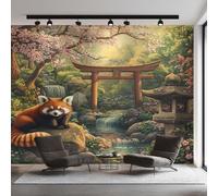 Japanese Torii Wallpaper for Living Room, Cherry Blossoms Raccoon Wall Mural for Bedroom 350x256 cm, Non-Woven Photo Wallpaper, Home Decor D&O88