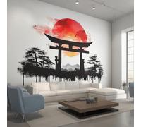 Japanese Torii Wallpaper for Living Room, Ink Painting Red Sun Asian Wall Mural for Bedroom, Non-Woven Photo Wallpaper Home Decor 200X140cm, Wall Decoration D21